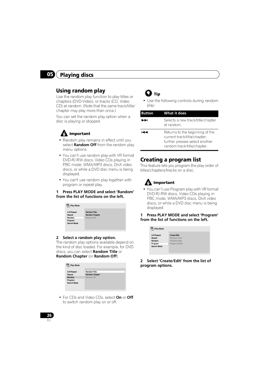 Kodak DV-300-K manual Playing discs Using random play, Creating a program list, Select a random play option 