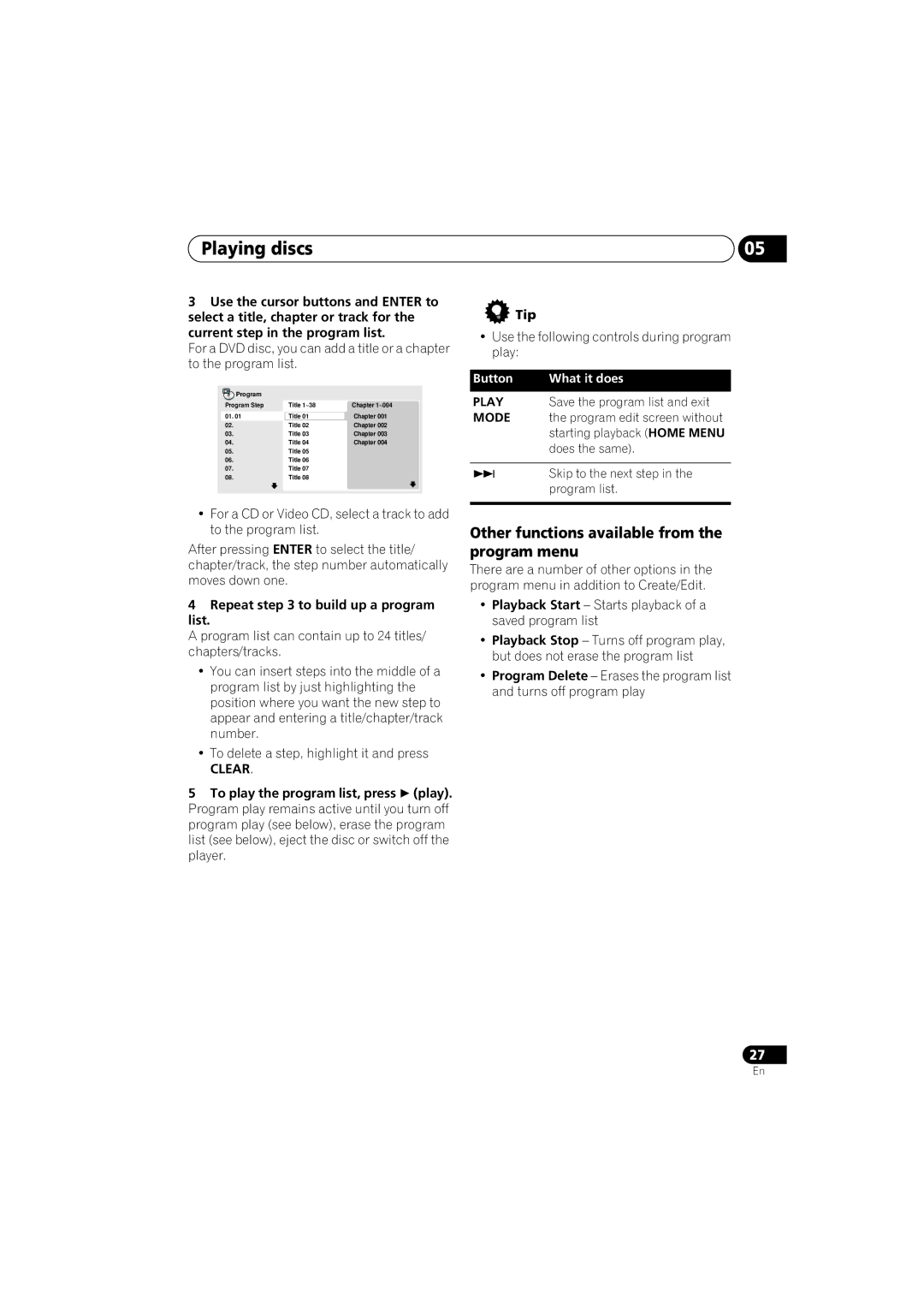 Kodak DV-300-K manual Other functions available from the program menu, Repeat to build up a program List 