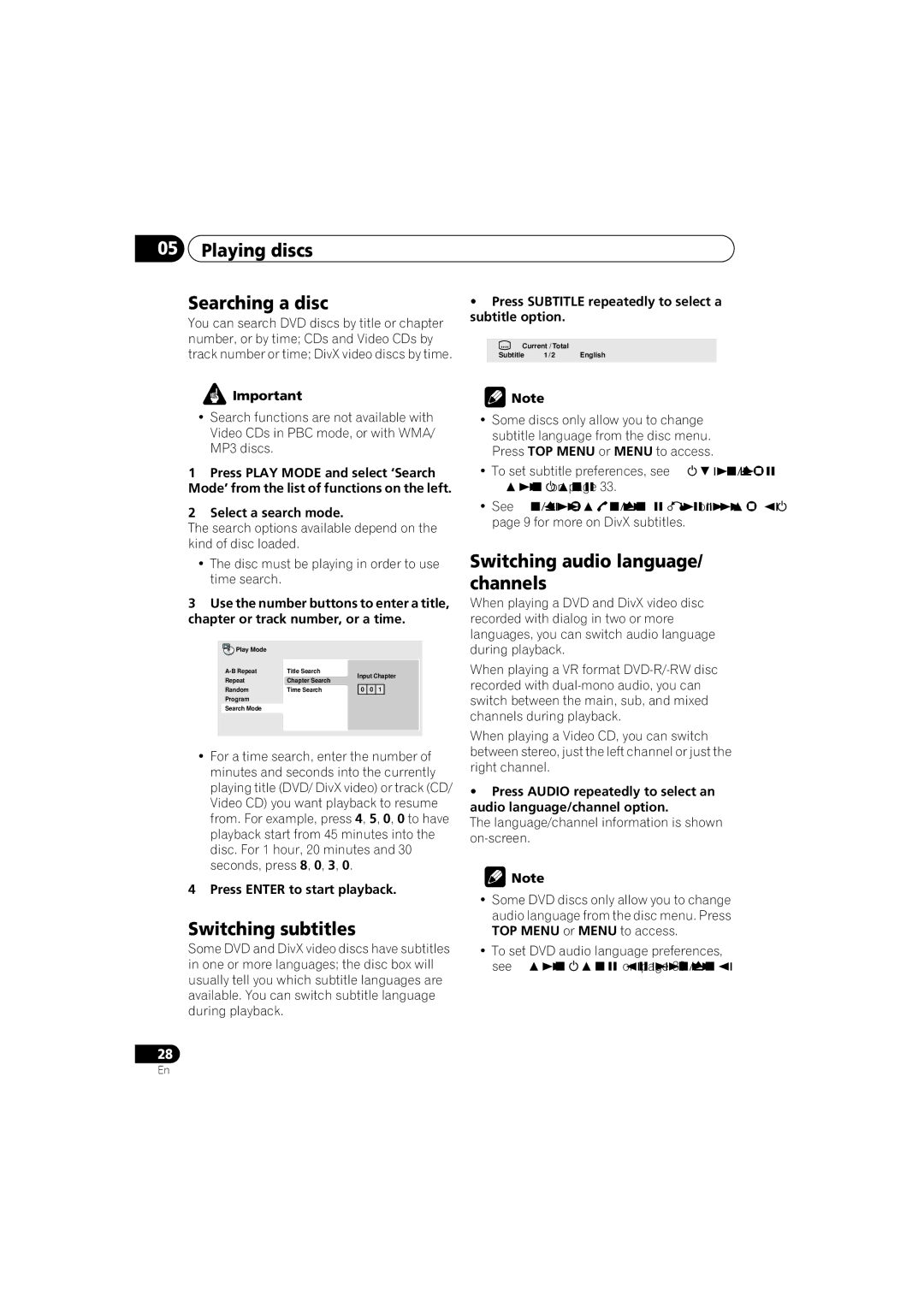 Kodak DV-300-K manual Playing discs Searching a disc, Switching subtitles, Switching audio language/ channels 