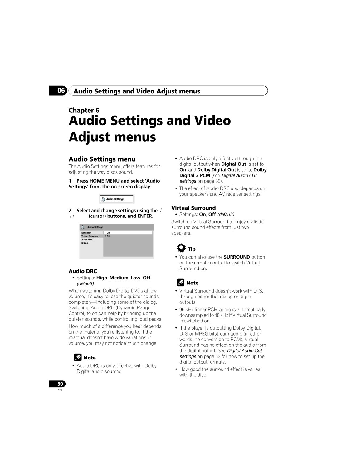 Kodak DV-300-K manual Audio Settings and Video Adjust menus Chapter, Audio Settings menu, Audio DRC, Virtual Surround 