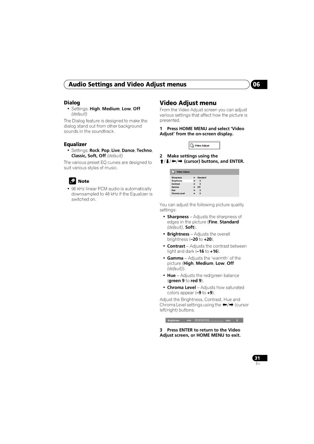 Kodak DV-300-K Audio Settings and Video Adjust menus, Dialog, Equalizer, Make settings using Cursor buttons, and Enter 