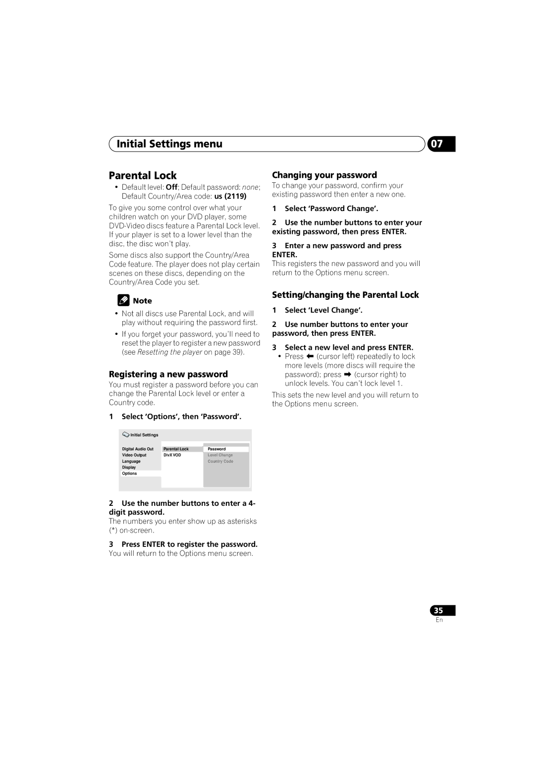 Kodak DV-300-K manual Initial Settings menu Parental Lock, Registering a new password, Changing your password 