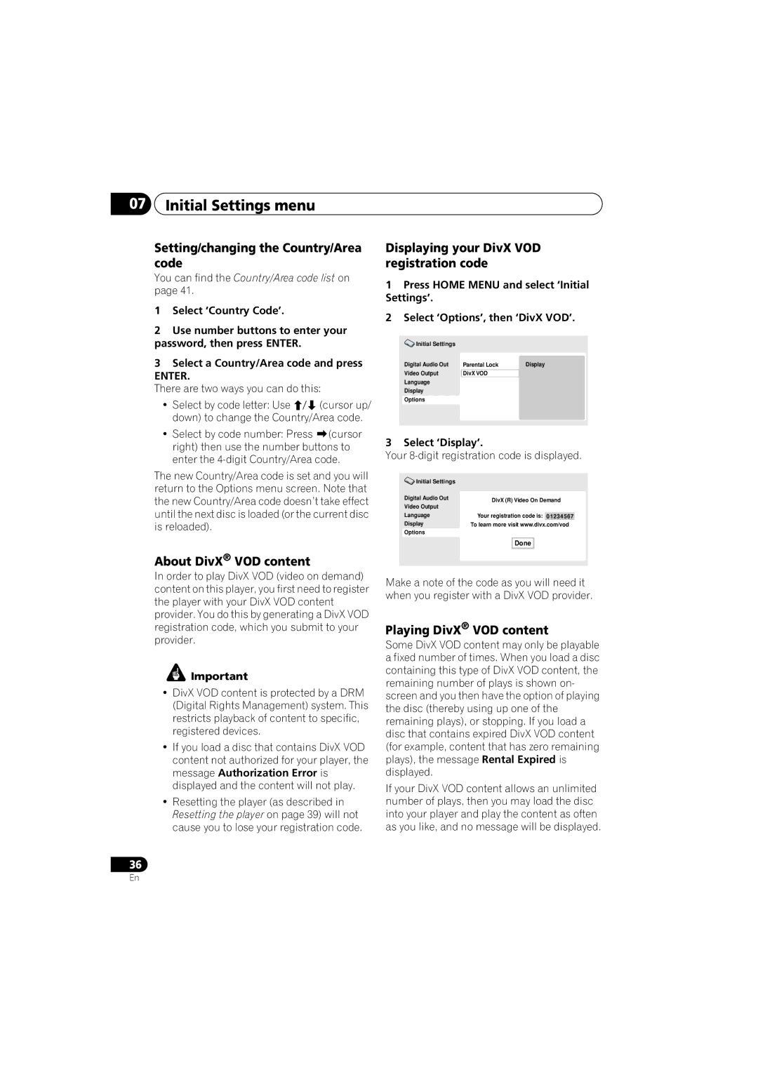 Kodak DV-300-K manual Initial Settings menu, Setting/changing the Country/Area code, About DivX VOD content 