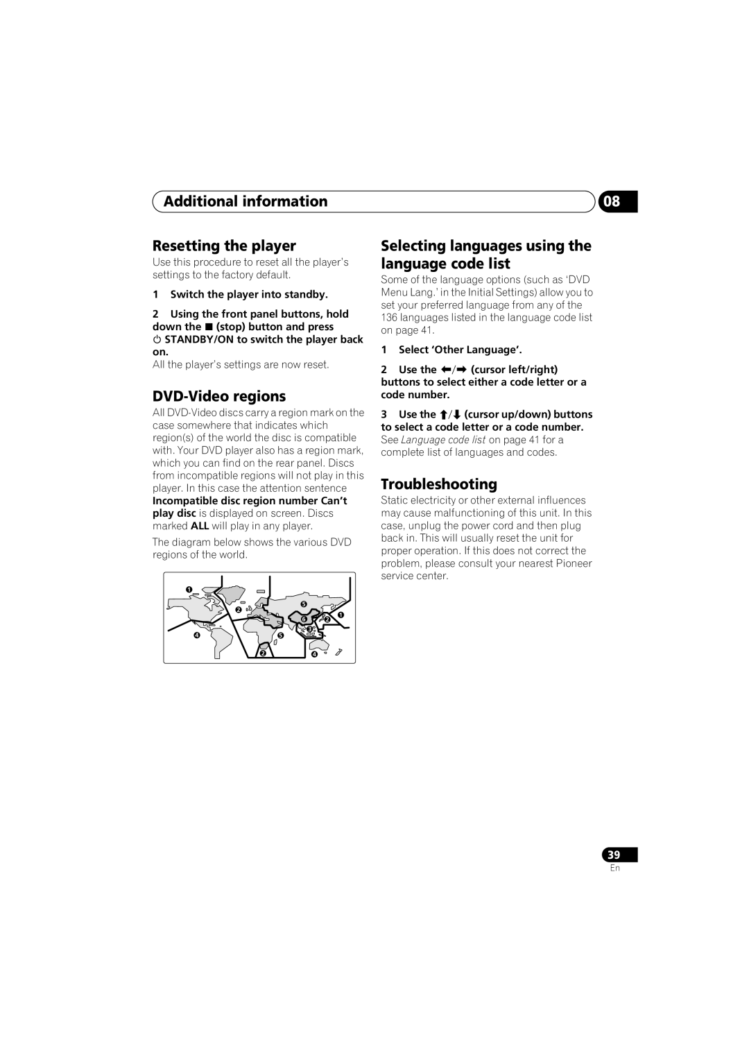 Kodak DV-300-K manual Additional information Resetting the player, DVD-Video regions, Troubleshooting 