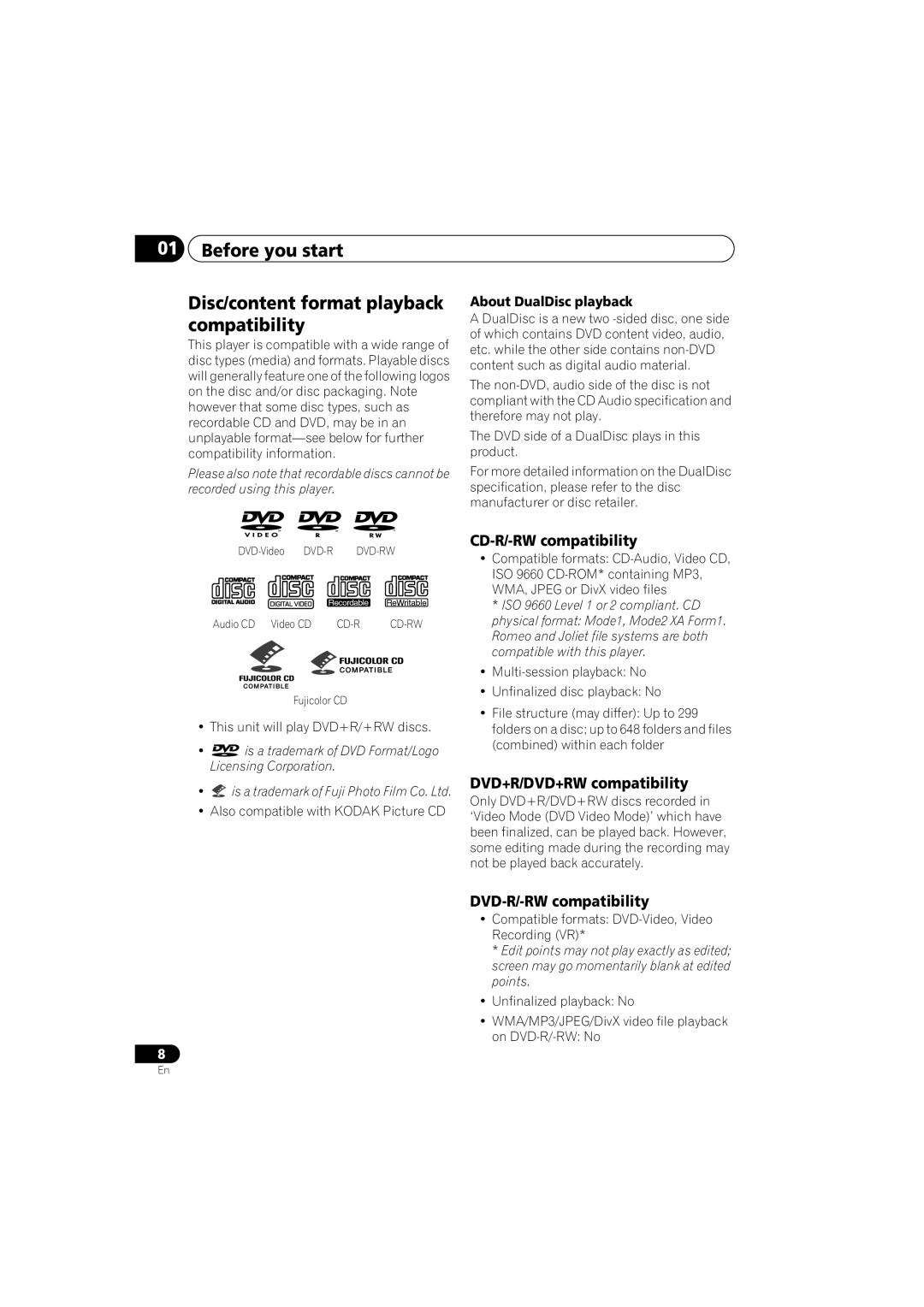 Kodak DV-300-K manual Before you start Disc/content format playback compatibility, CD-R/-RW compatibility 