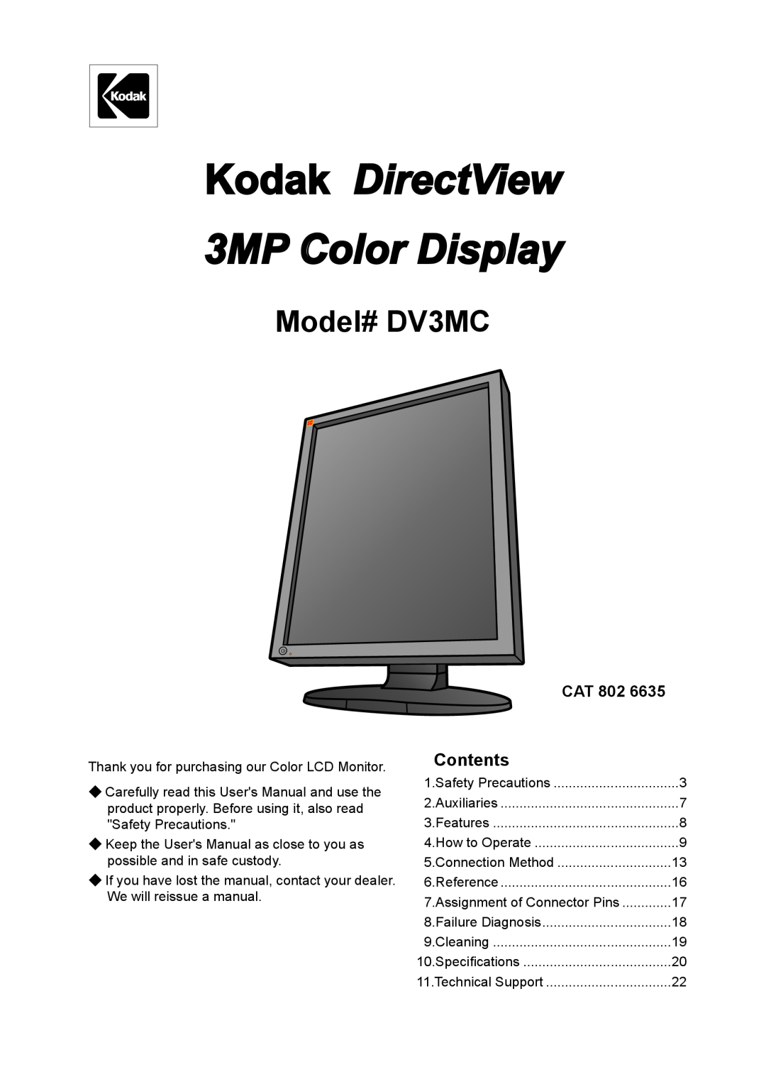 Kodak user manual Contents, Cat, Kodak DirectView 3MP Color Display, Model# DV3MC 