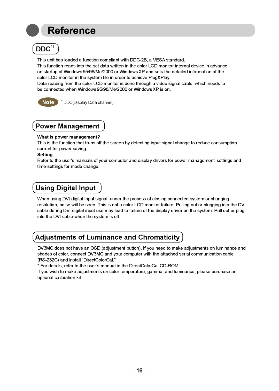 Kodak DV3MC user manual Reference, Power Management, Using Digital Input, Adjustments of Luminance and Chromaticity 