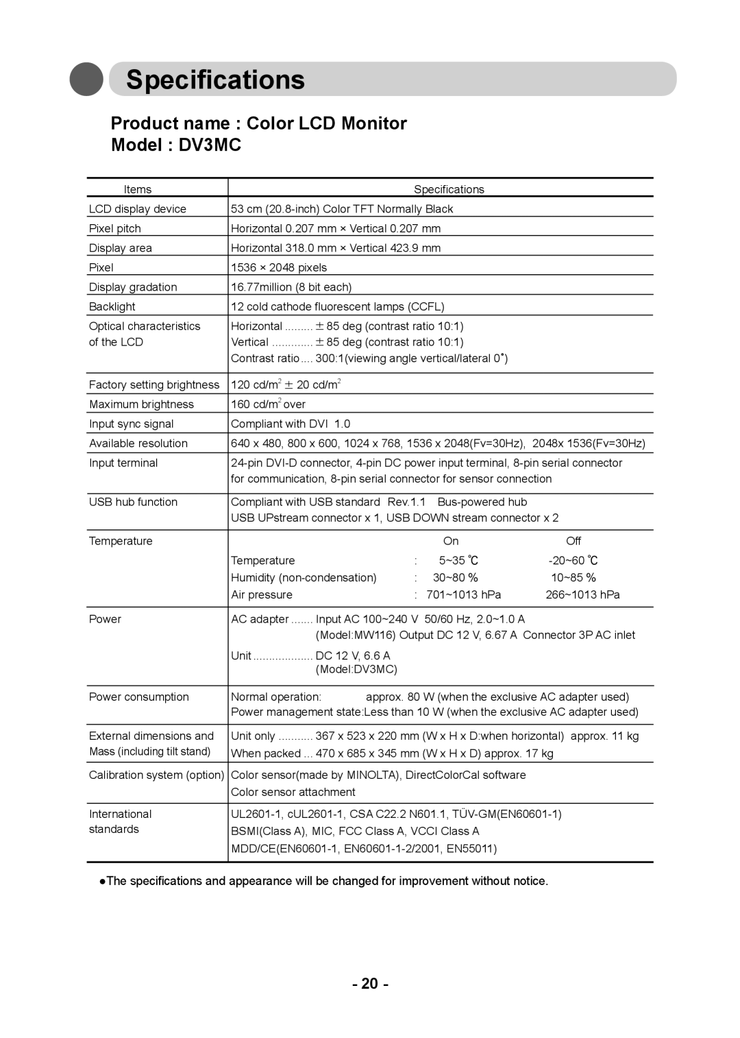 Kodak user manual Specifications, Product name Color LCD Monitor Model DV3MC 