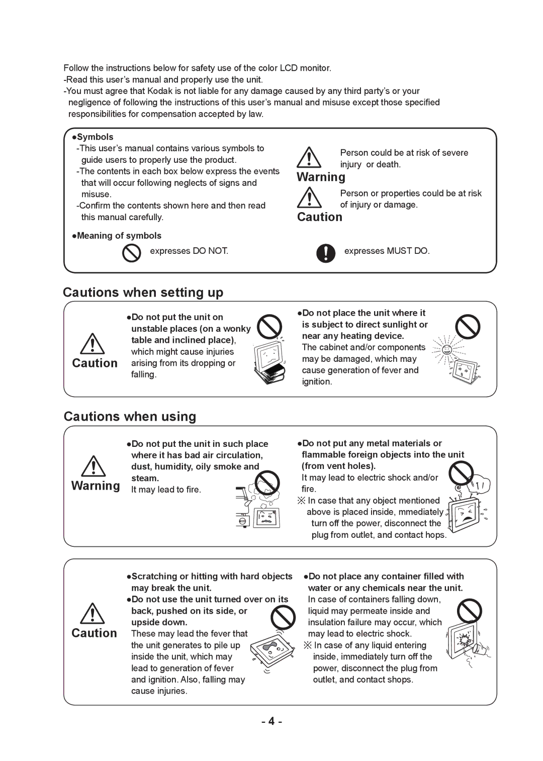 Kodak DV3MC Symbols, Meaning of symbols, Do not put the unit on, Table and inclined place, Dust, humidity, oily smoke 