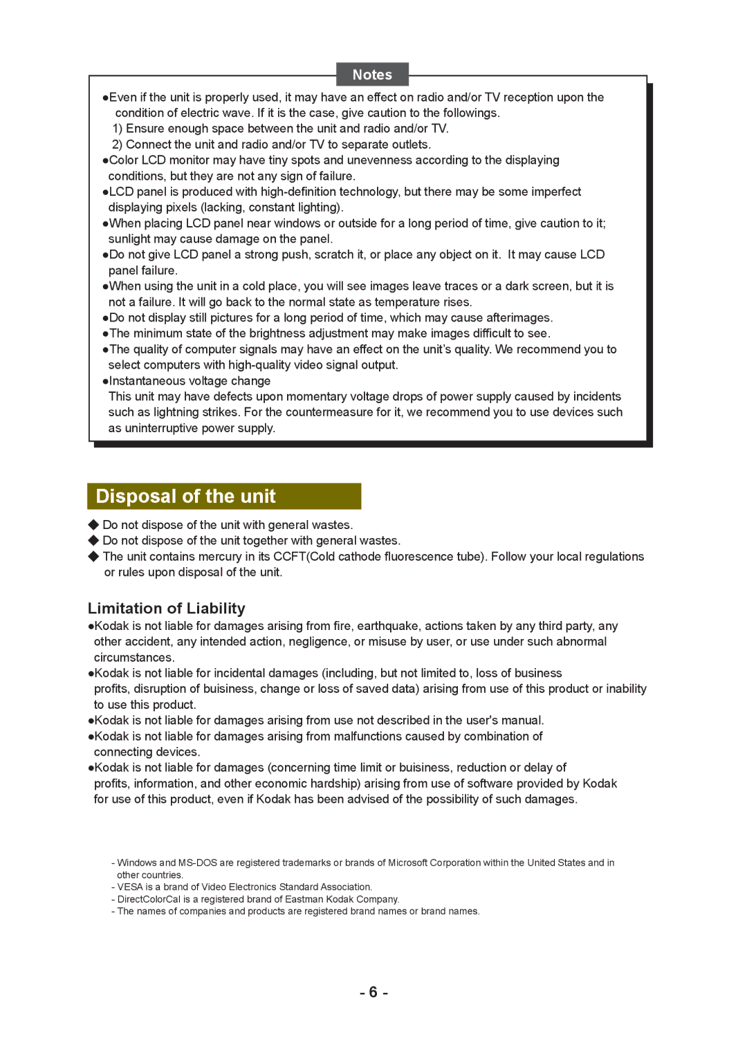 Kodak DV3MC user manual Disposal of the unit 