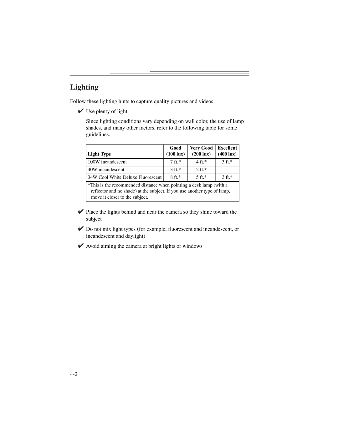 Kodak DVC323 manual Lighting, Good Very Good Excellent Light Type 