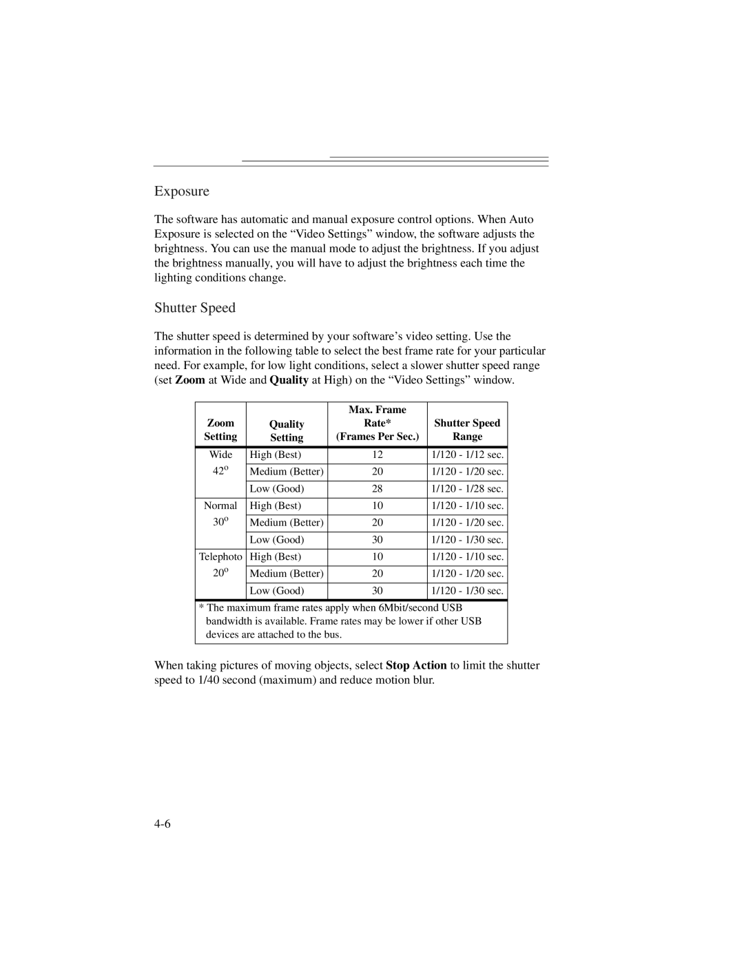 Kodak DVC323 manual Exposure, Shutter Speed, Max. Frame Zoom Quality Rate, Setting, Range 