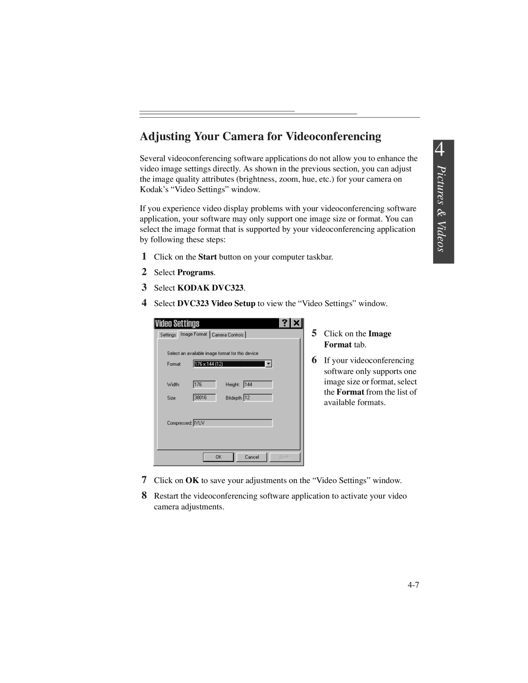 Kodak DVC323 manual Adjusting Your Camera for Videoconferencing 