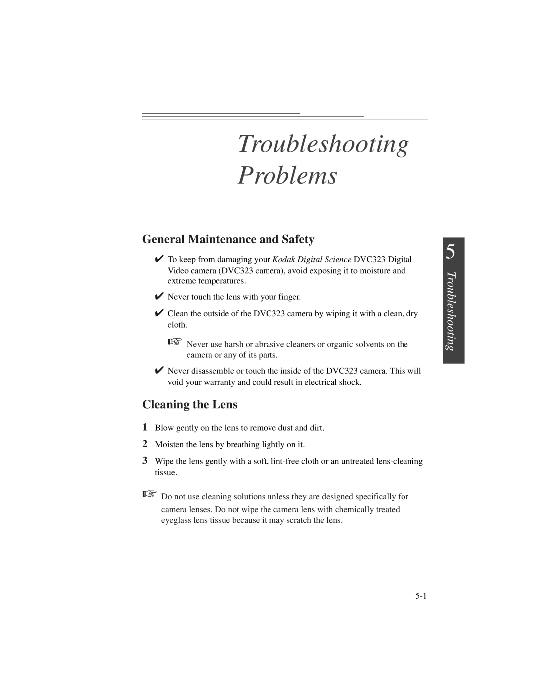 Kodak DVC323 manual Troubleshooting Problems, General Maintenance and Safety, Cleaning the Lens 