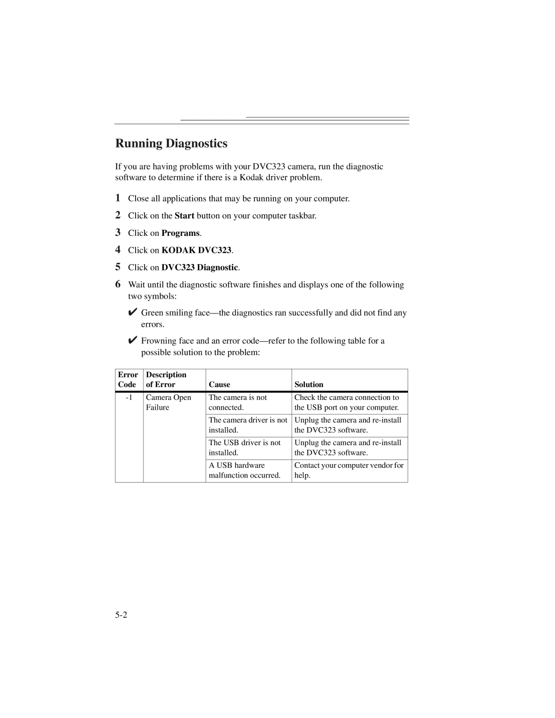 Kodak DVC323 manual Running Diagnostics, Error Description Code Cause Solution 