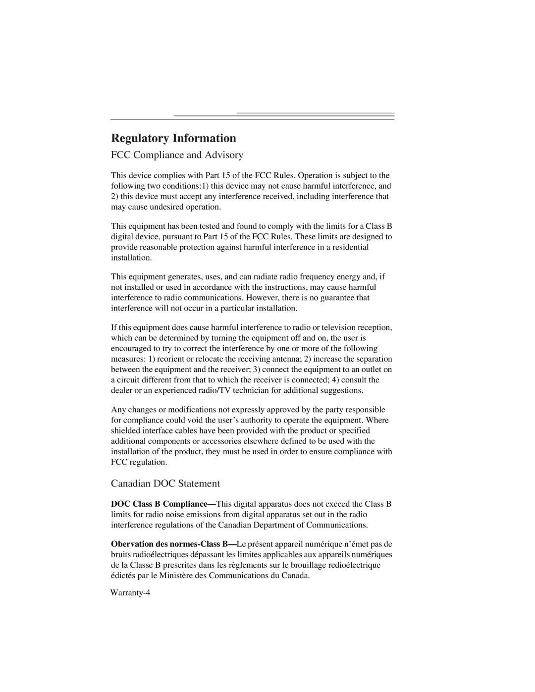 Kodak DVC323 manual Regulatory Information, FCC Compliance and Advisory, Canadian DOC Statement 