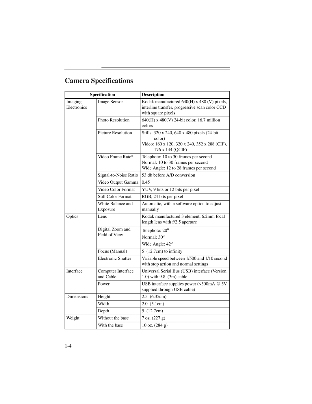 Kodak DVC323 manual Camera Specifications, Specification Description 