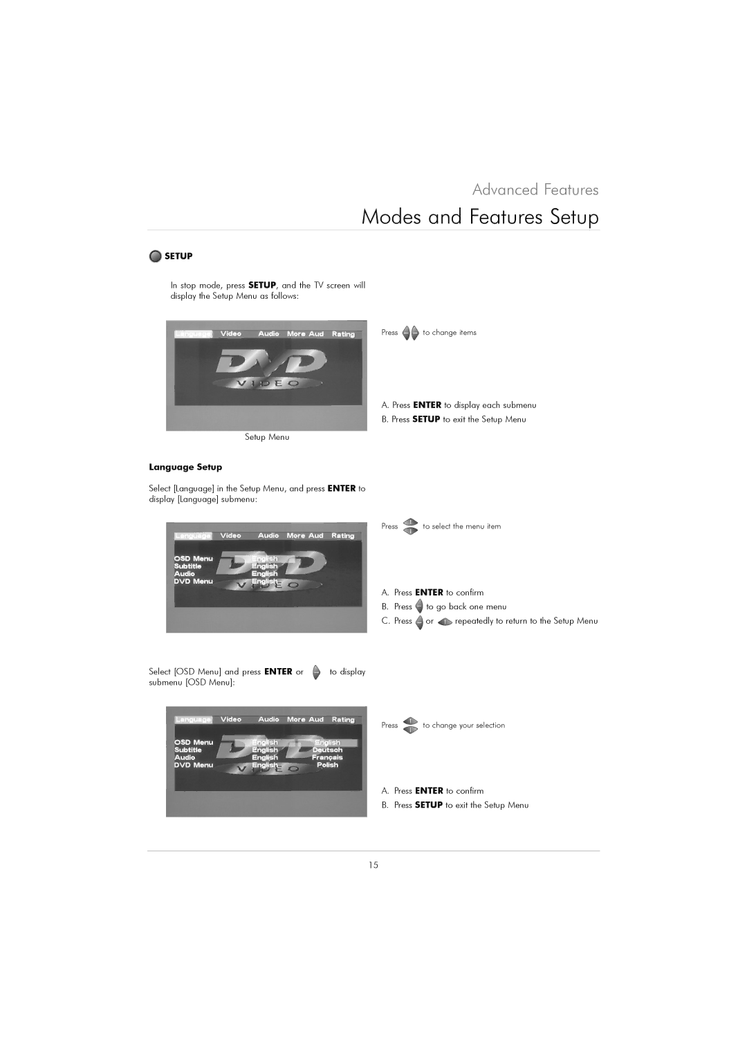 Kodak DVD 40 user manual Modes and Features Setup, Language Setup 