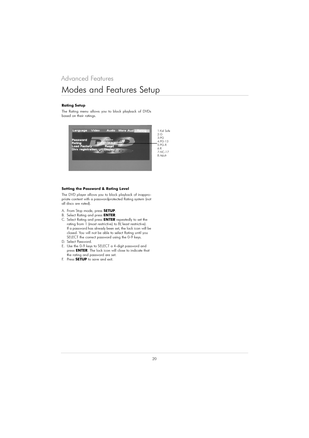 Kodak DVD 40 user manual Rating Setup, Setting the Password & Rating Level 