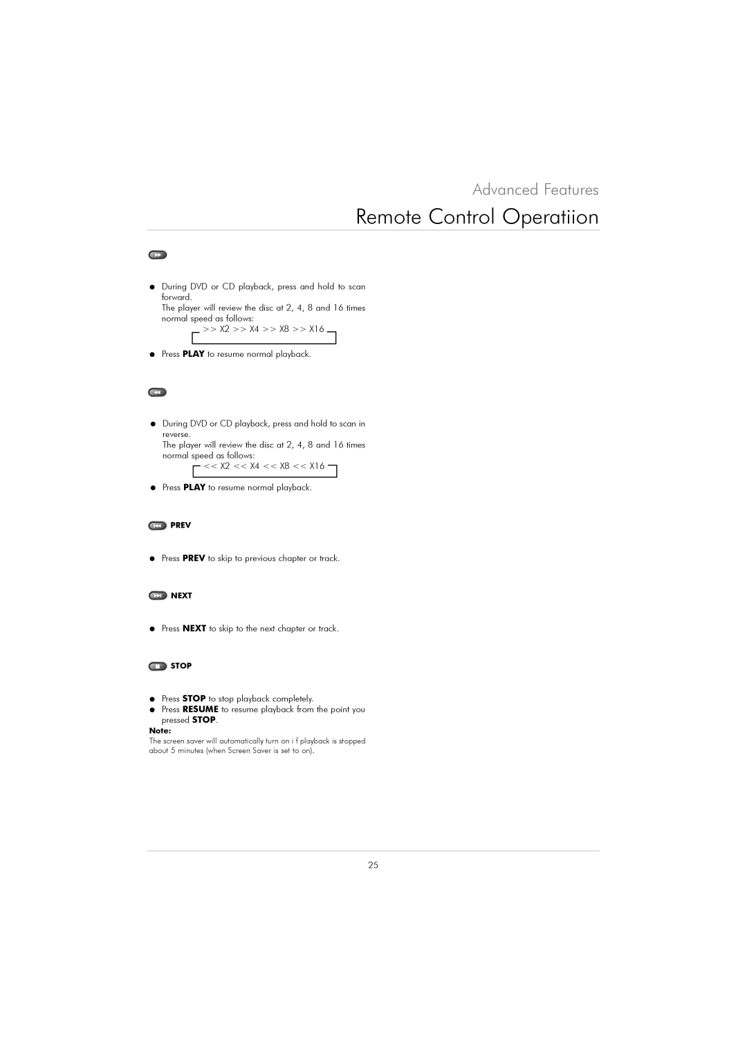 Kodak DVD 40 user manual Remote Control Operatiion 