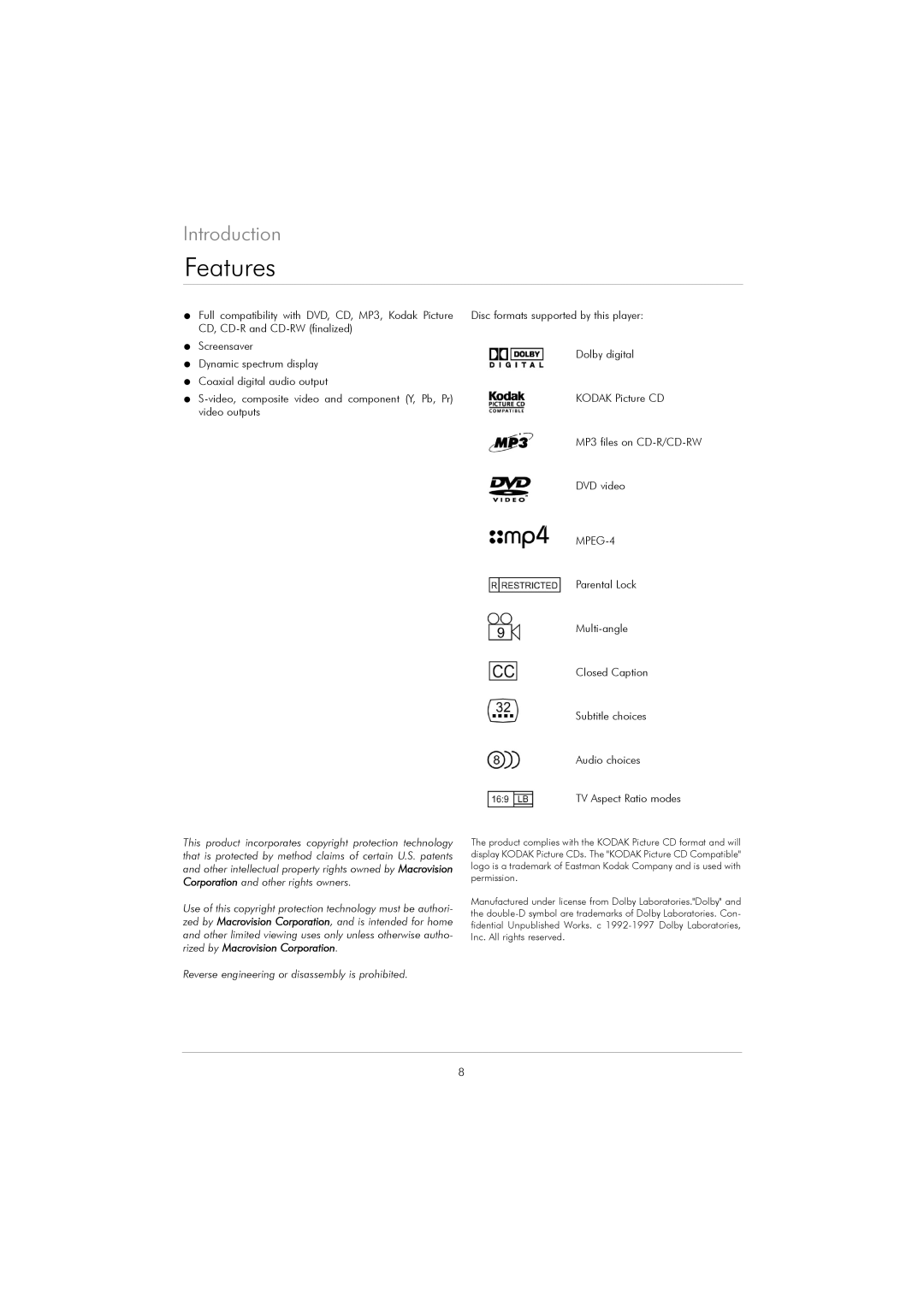 Kodak DVD 40 user manual Features, MPEG-4 