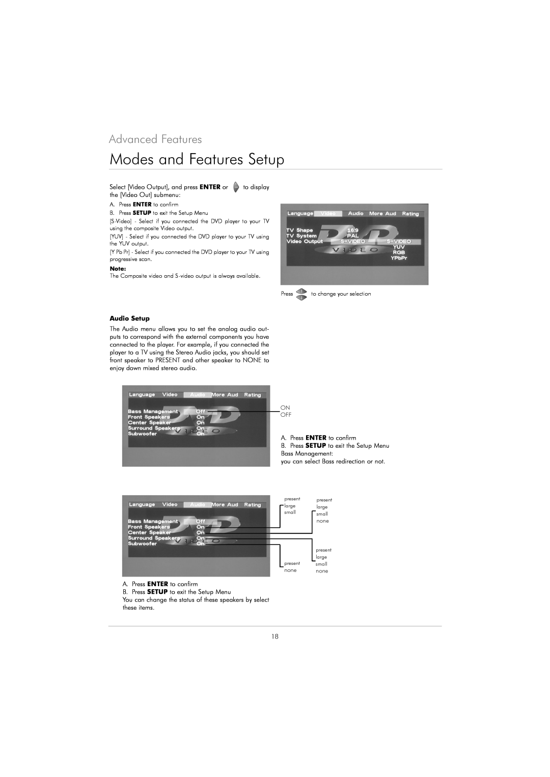 Kodak DVD 40 user manual Audio Setup, Modes and Features Setup, Advanced Features, present large small 