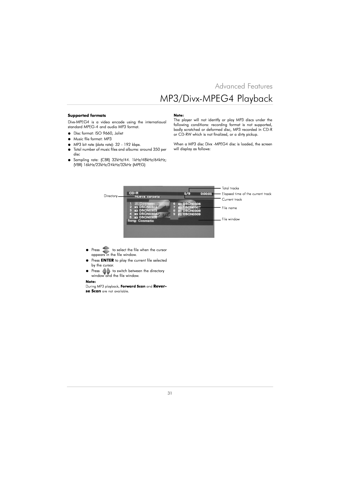 Kodak DVD 40 user manual MP3/Divx-MPEG4 Playback, Supported formats, Advanced Features 