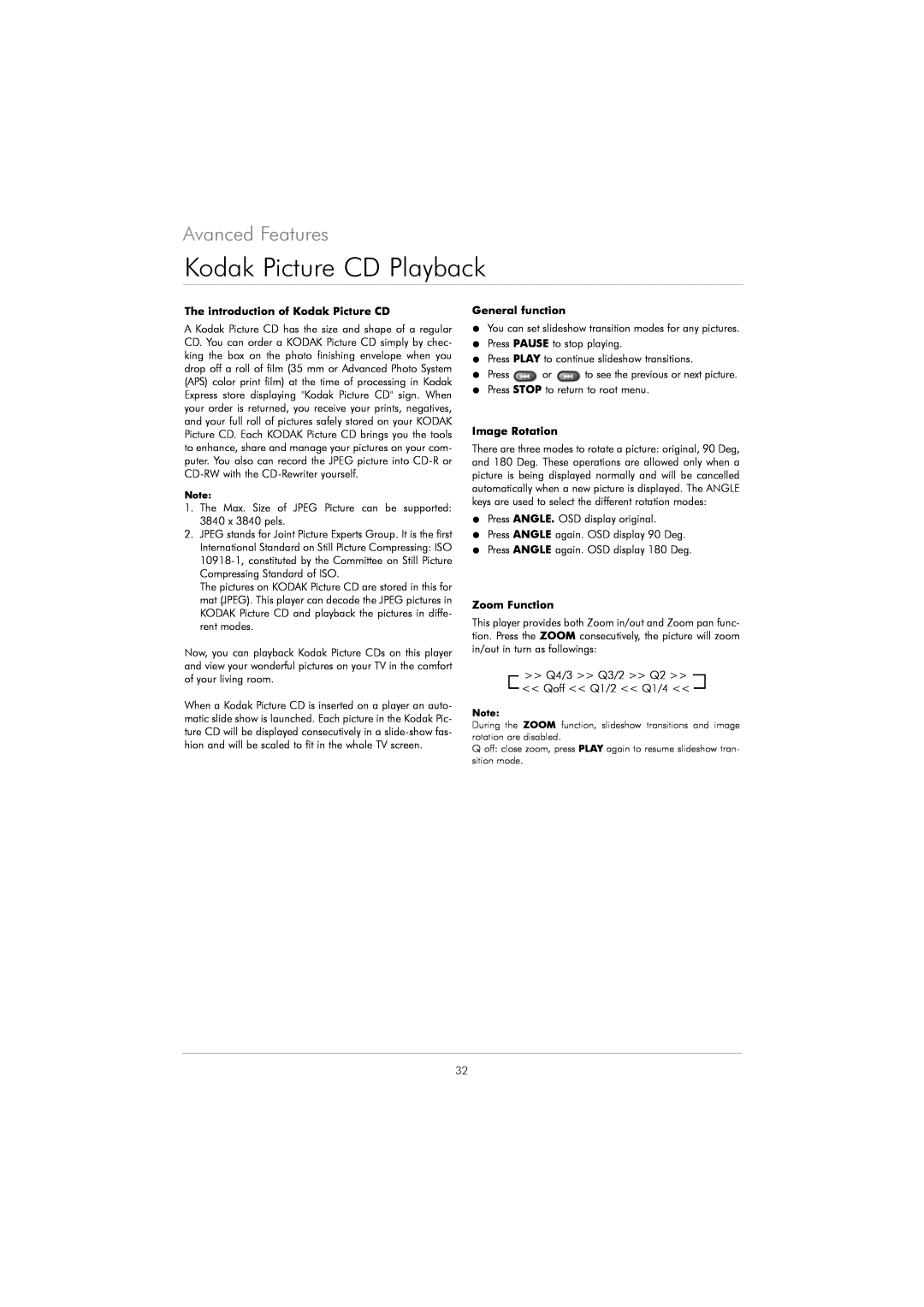 Kodak DVD 40 Kodak Picture CD Playback, Avanced Features, The introduction of Kodak Picture CD, General function 