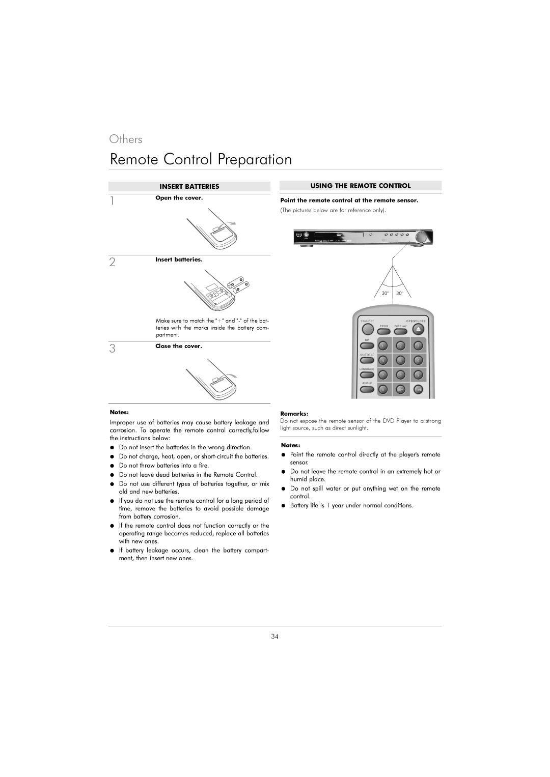 Kodak DVD 40 user manual Remote Control Preparation, Insert Batteriesusing The Remote Control, Others 