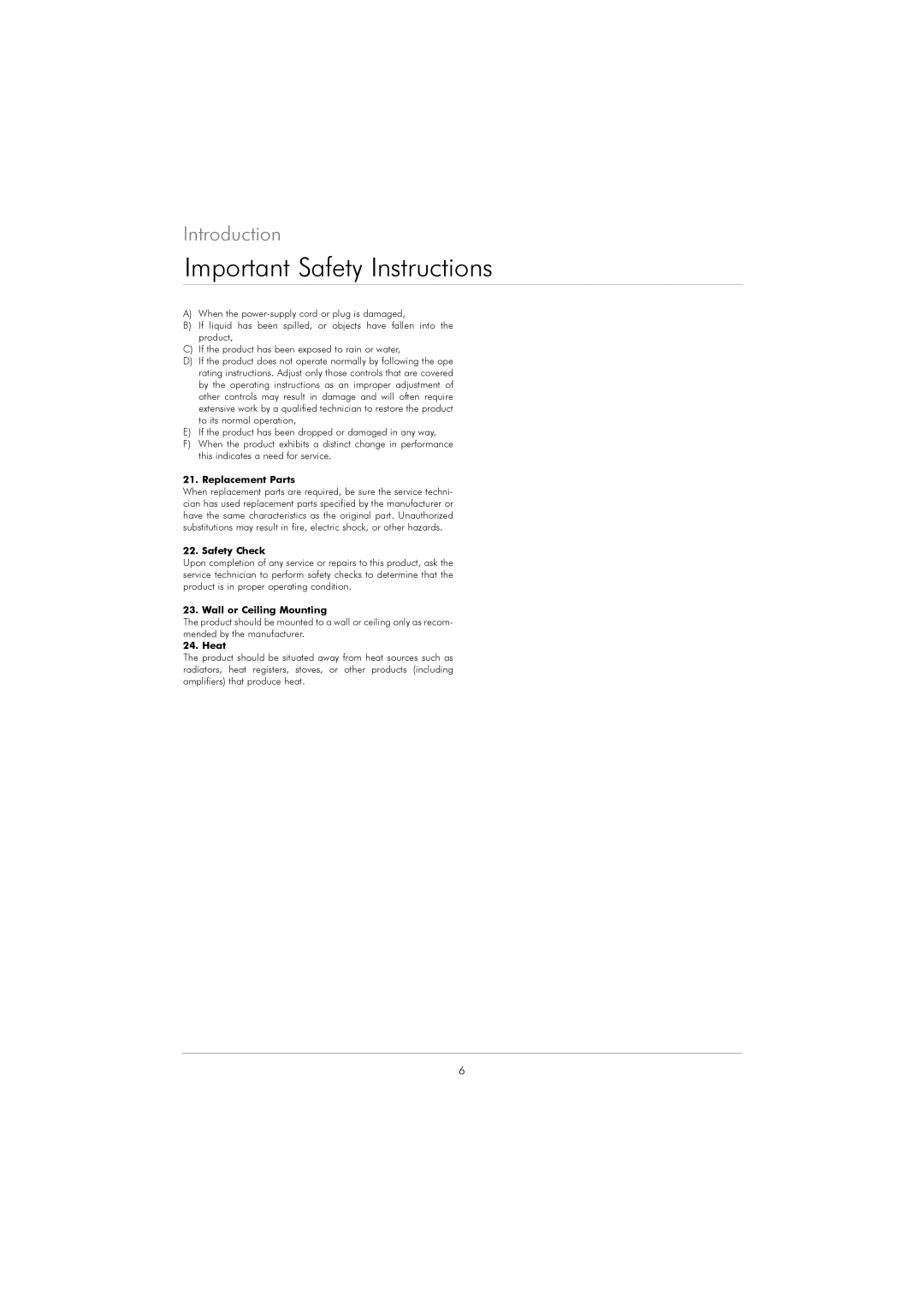 Kodak DVD 40 Important Safety Instructions, Introduction, Replacement Parts, Safety Check, Wall or Ceiling Mounting, Heat 