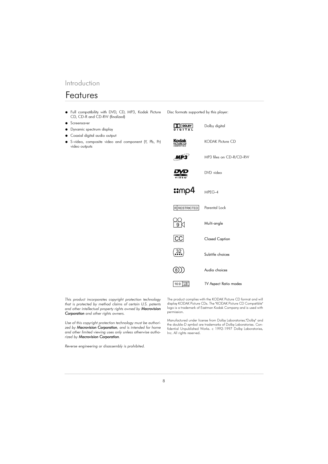 Kodak DVD 40 user manual Features, Introduction, Reverse engineering or disassembly is prohibited 