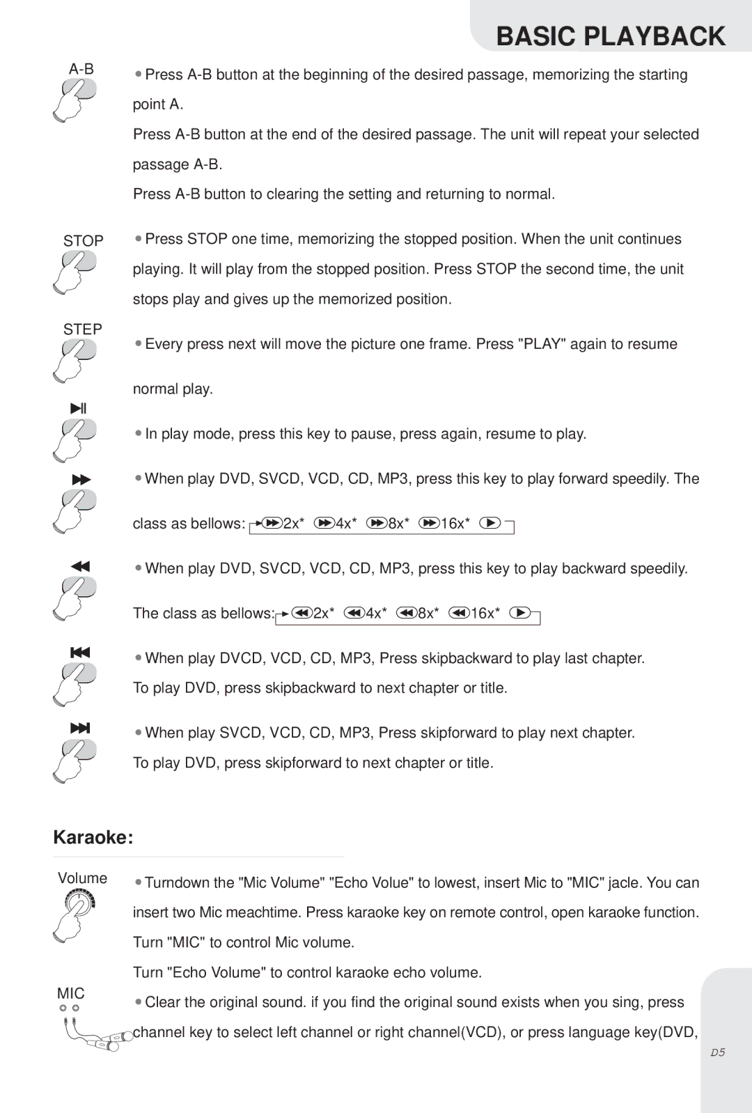 Kodak DVD-845 instruction manual Karaoke, Stop Step, Mic 