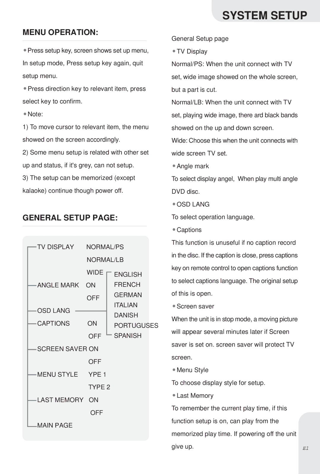 Kodak DVD-845 instruction manual System Setup, Menu Operation, General Setup 