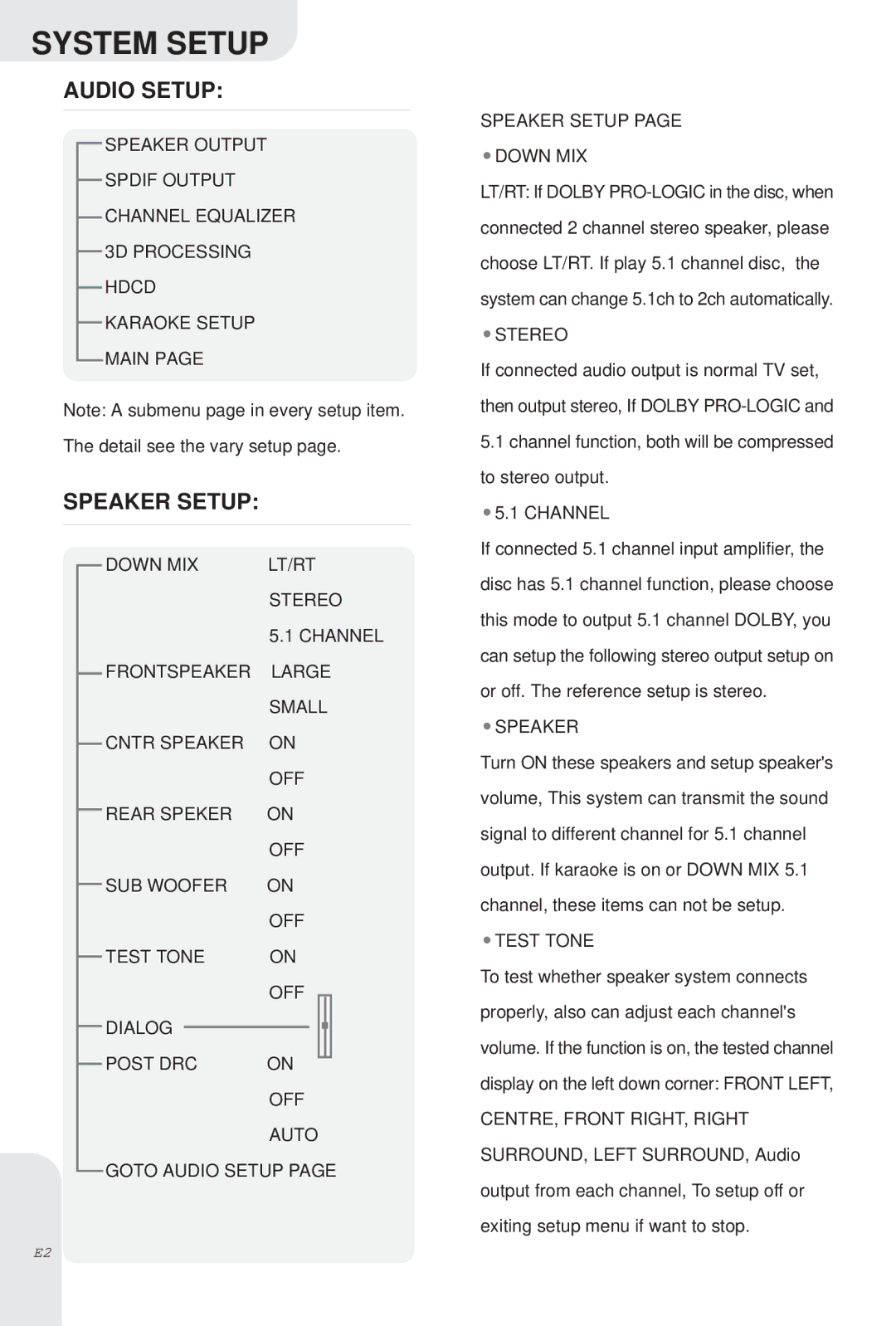 Kodak DVD-845 instruction manual Audio Setup, Speaker Setup 