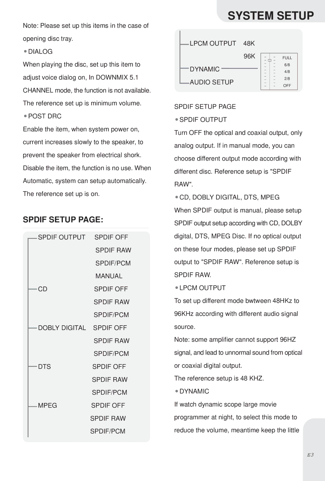 Kodak DVD-845 Spdif Setup, Lpcm Output 48K 96K Dynamic Audio Setup, Post DRC, CD, Dobly DIGITAL, DTS, Mpeg 