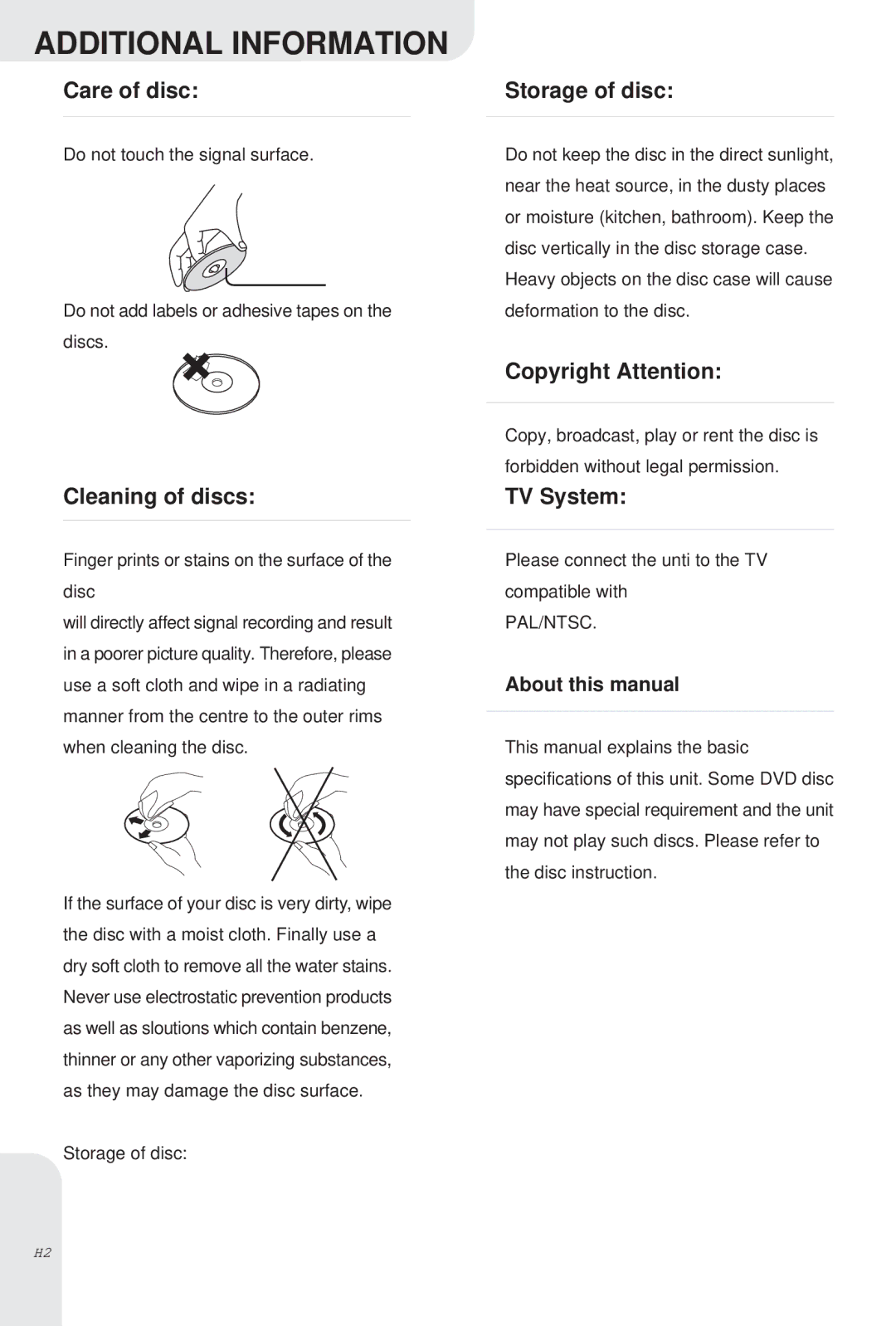 Kodak DVD-845 instruction manual Care of disc, Cleaning of discs, Storage of disc, Copyright Attention, TV System 