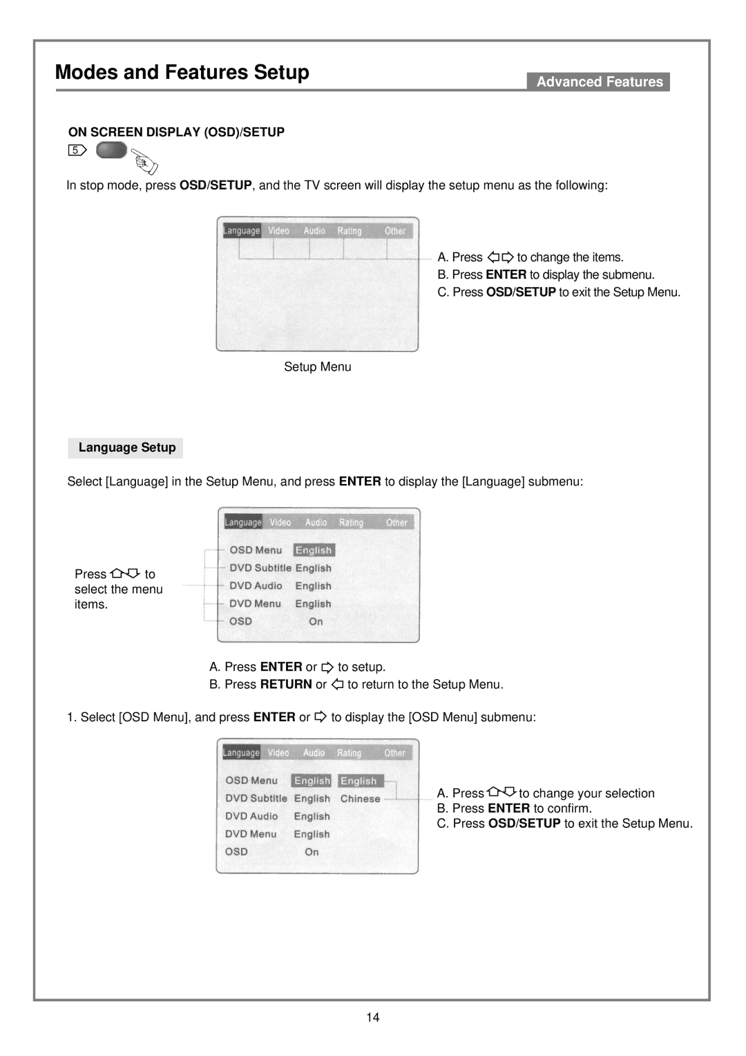 Kodak DVD7000 user manual Modes and Features Setup, On Screen Display OSD/SETUP, Language Setup 