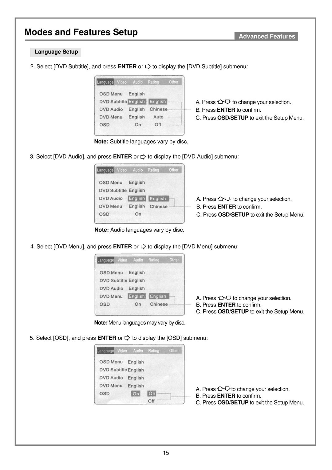 Kodak DVD7000 user manual Modes and Features Setup 