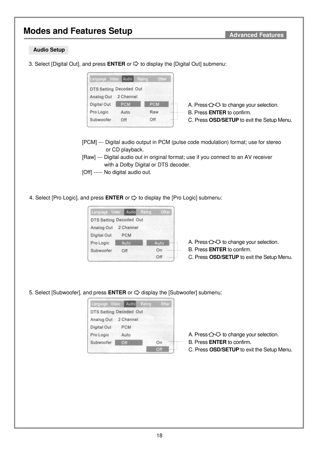 Kodak DVD7000 user manual Modes and Features Setup 