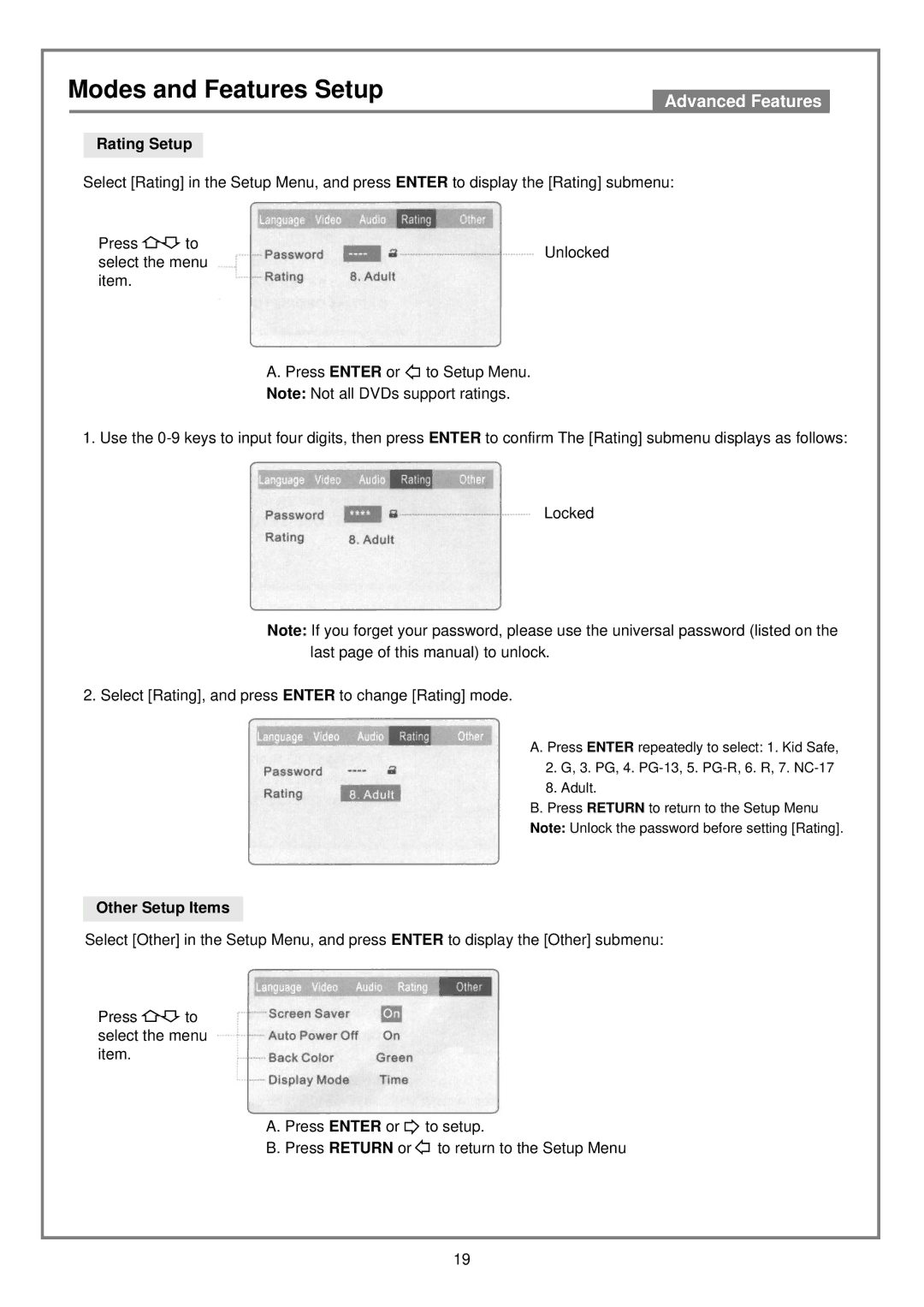 Kodak DVD7000 user manual Rating Setup, Other Setup Items 