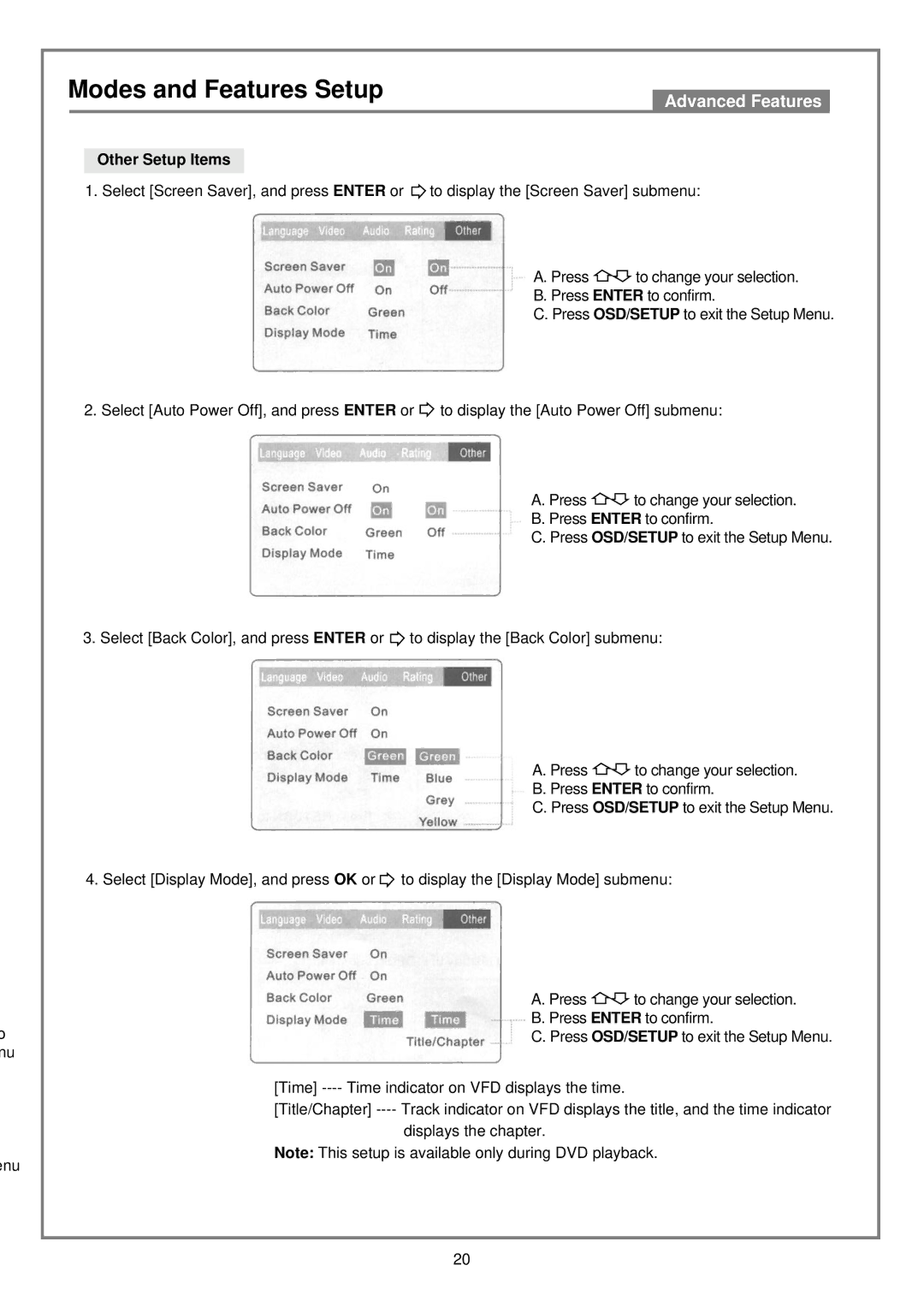 Kodak DVD7000 user manual Modes and Features Setup 