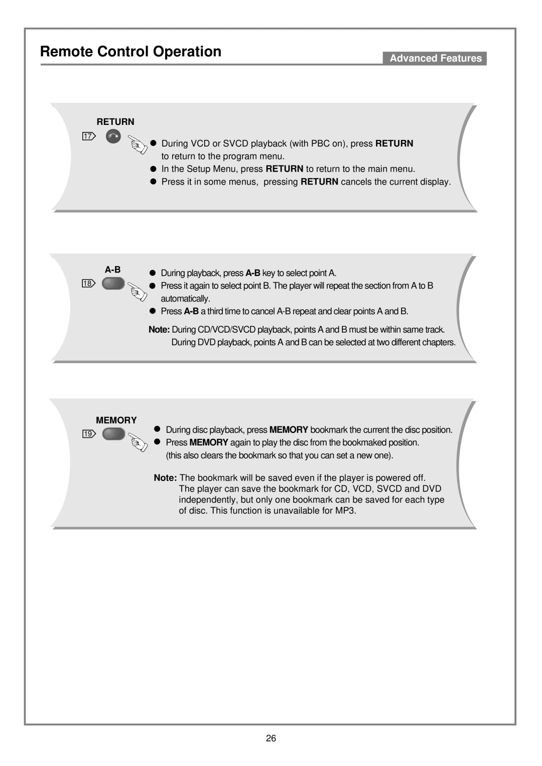 Kodak DVD7000 user manual Return Memory 