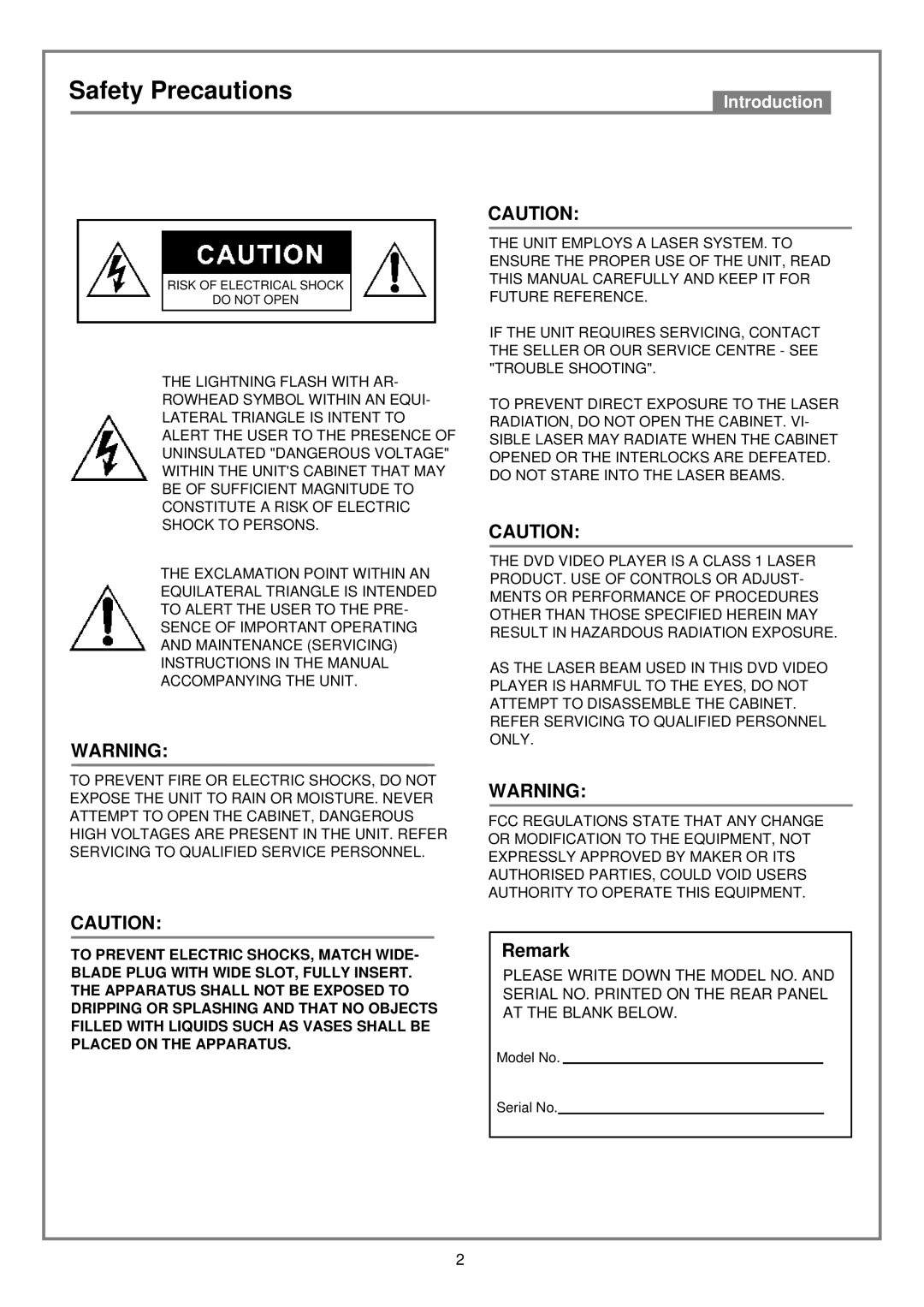 Kodak DVD7000 user manual Safety Precautions, Remark 