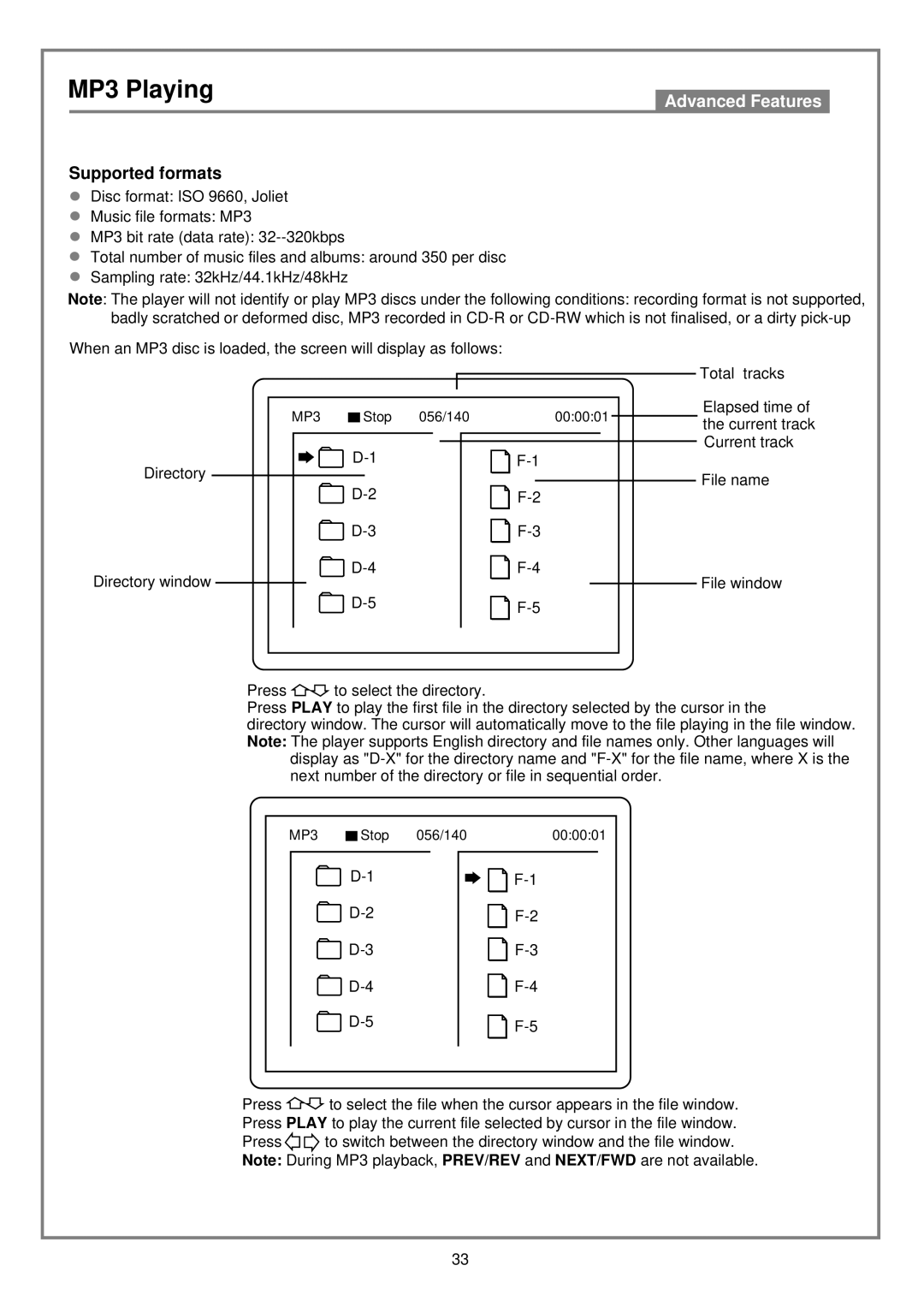 Kodak DVD7000 user manual MP3 Playing, Supported formats 