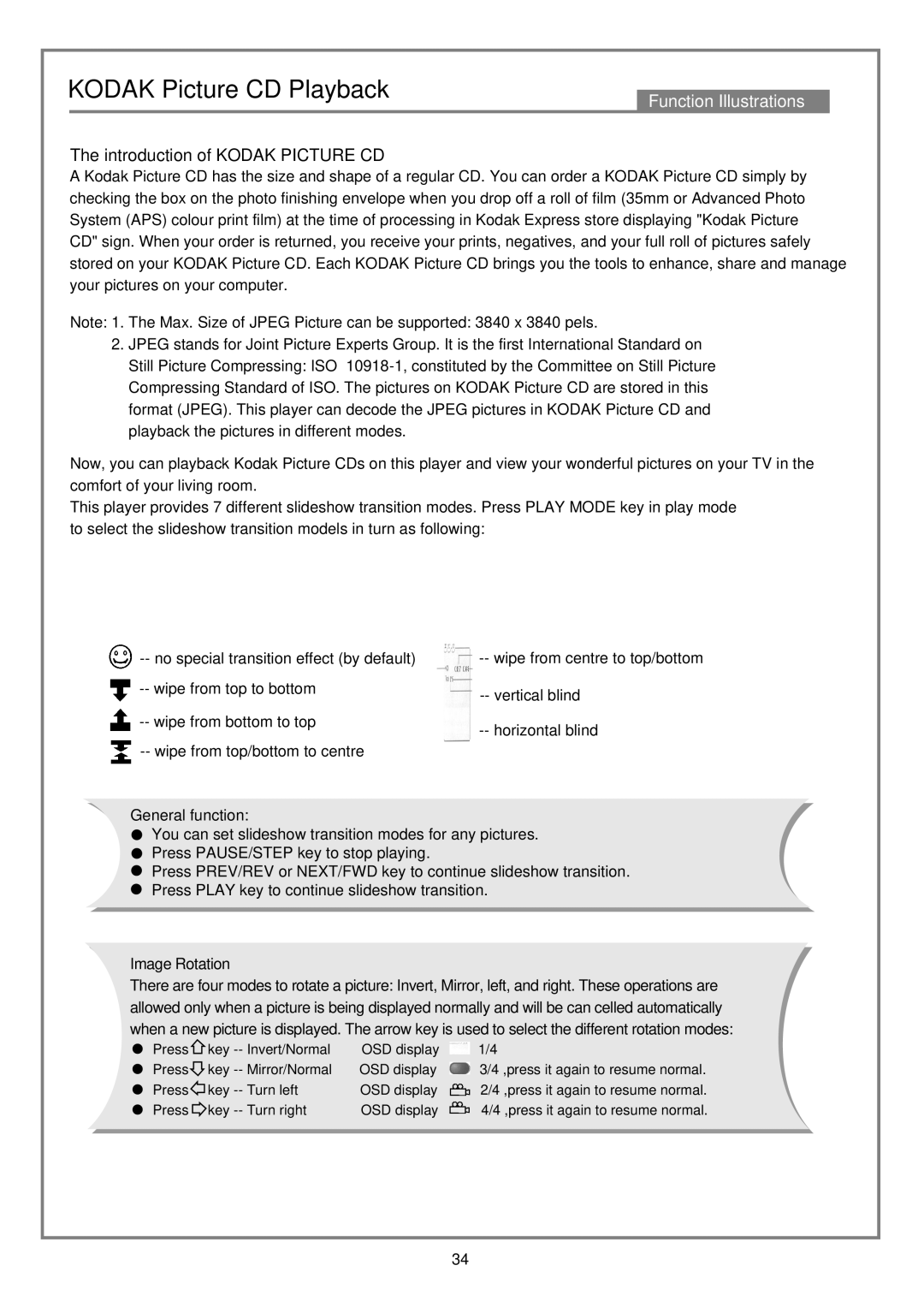 Kodak DVD7000 user manual Kodak Picture CD Playback, General function, Image Rotation 