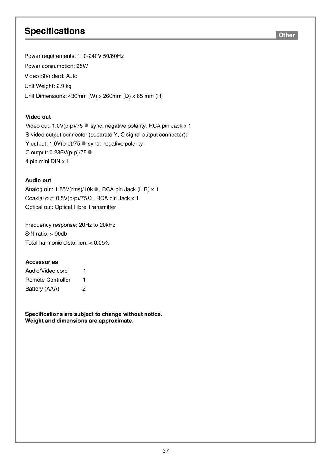 Kodak DVD7000 user manual Specifications, Video out, Audio out, Accessories 