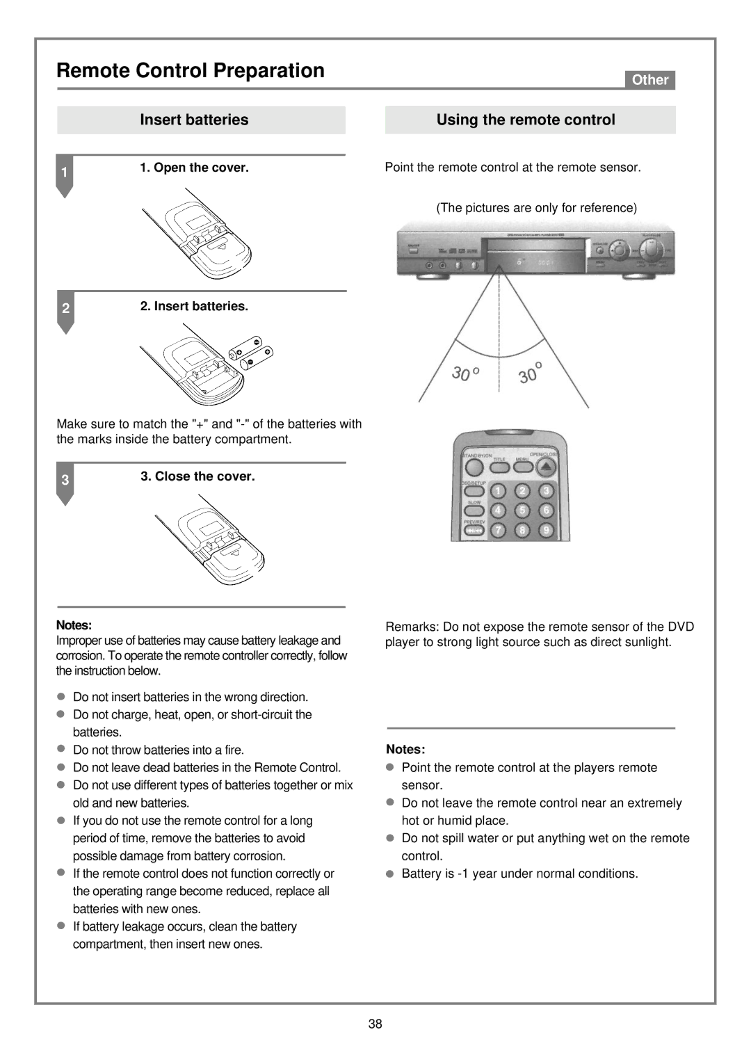 Kodak DVD7000 user manual Remote Control Preparation, Open the cover, Insert batteries, Close the cover 