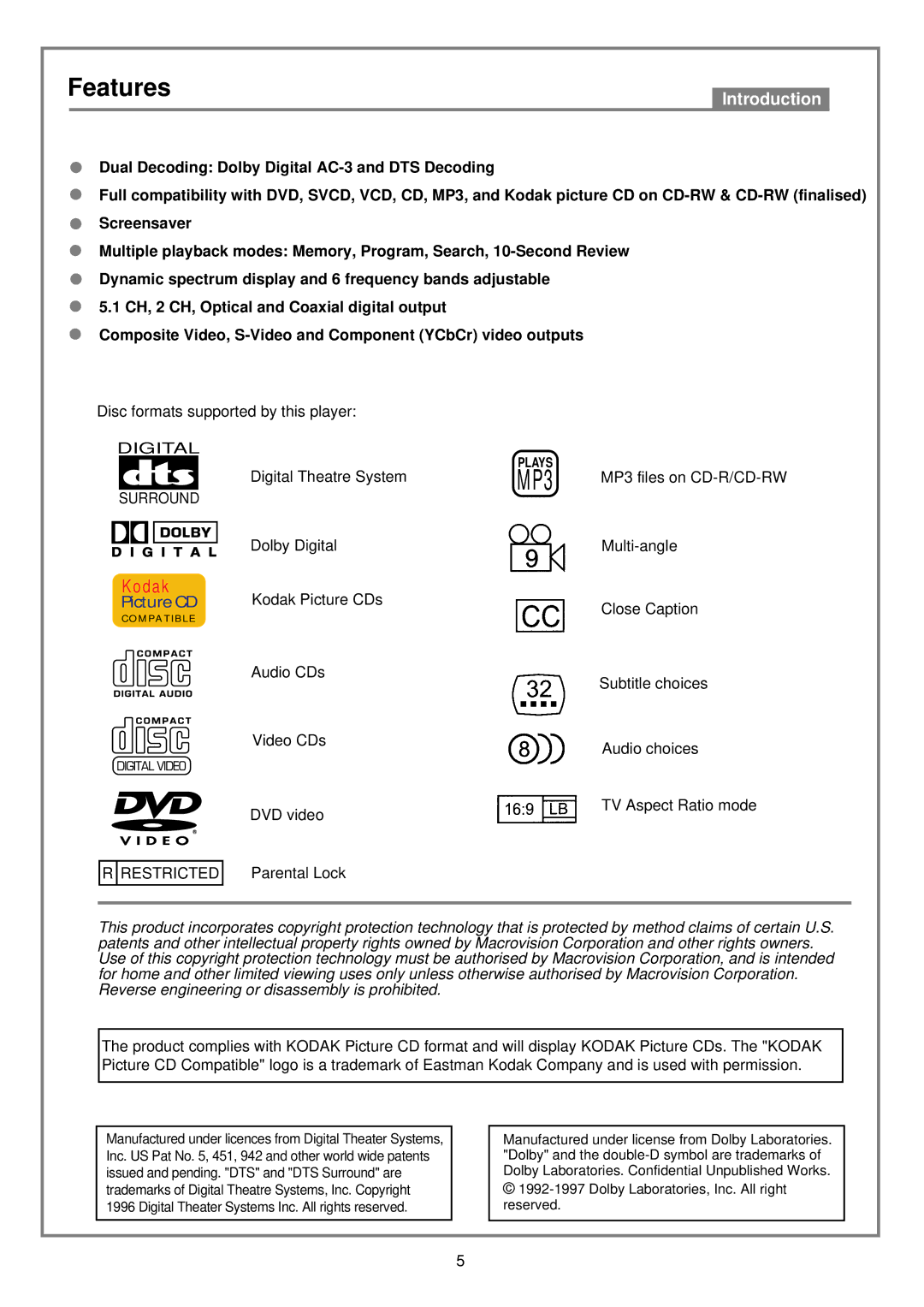 Kodak DVD7000 user manual MP3, Features 