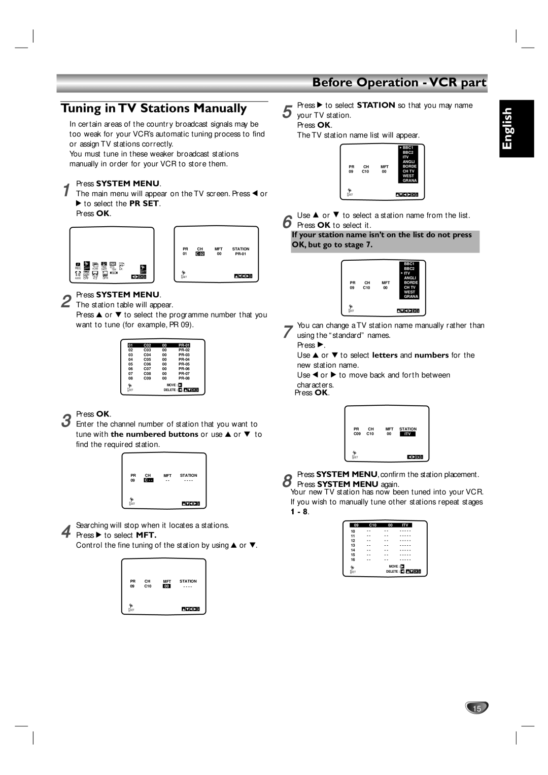 Kodak DVD755VR/05 Before Operation VCR part Tuning in TV Stations Manually, Searching will stop when it locates a stations 