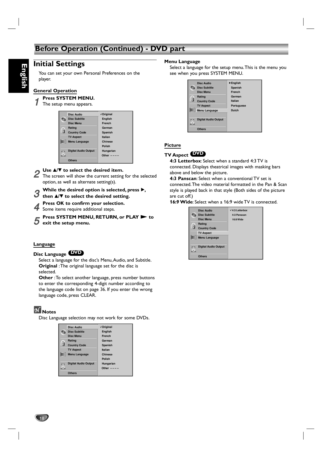 Kodak DVD755VR/05 Initial Settings, General Operation Press System Menu, Use v/V to select the desired item, Menu Language 